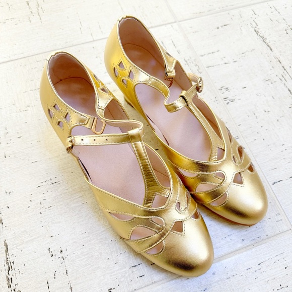 Reproduction Vintage 20s 40s Gold Leather Mary Jane T-Strap Pumps Heels 38 7.5 - Picture 5 of 6